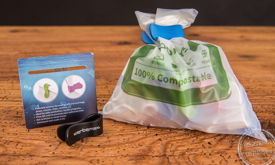 Ocean Clamps Verschlussclips in der T&uuml;te und auf der Werbekarte mit Logodruck