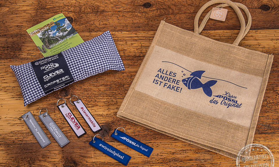 Werbeartikel von P&ouml;ssl, Jutetasche, Schl&uuml;sselanh&auml;nger, Zirbenkissen mit Logodruck