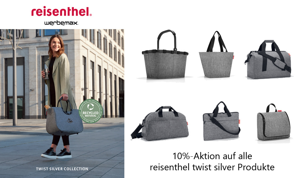 Reisenthel Twist Silver Collection als hochwertige Werbeartikel bei werbemax – elegante Taschen, Körbe und Accessoires aus recyceltem Material, jetzt mit 10 % Rabatt.