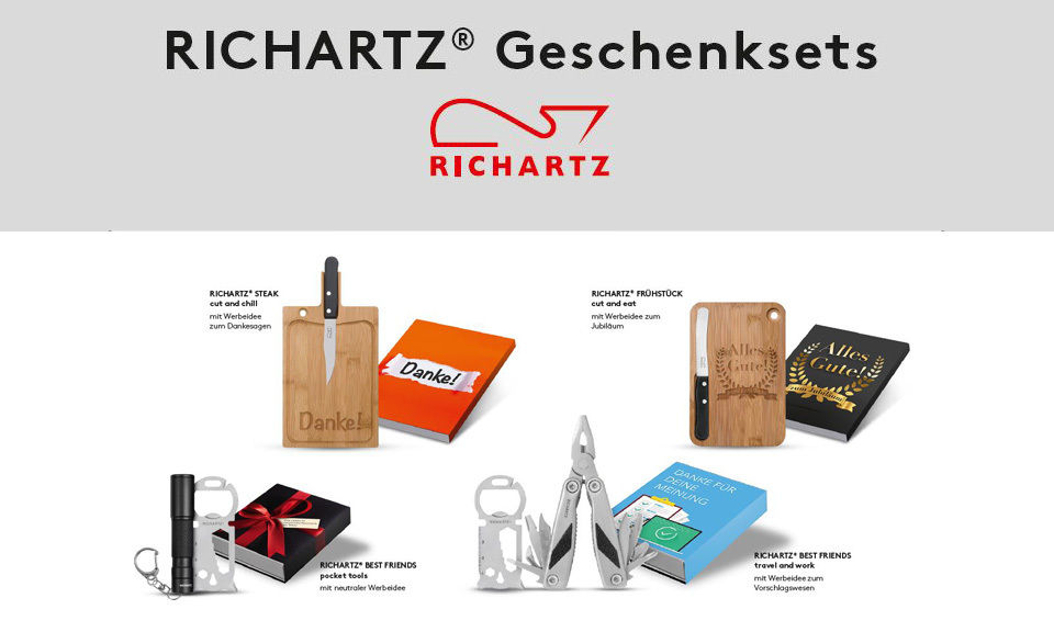 Richartz Frühstücksbrett, Richartz Key Tool, Richartz Multitool im Geschenkset als Werbegeschenk mit Logo. 