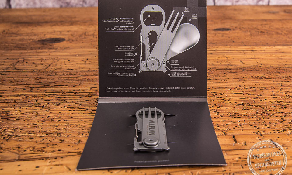 Kartonverpackung Key Tool Snack mit Anleitung