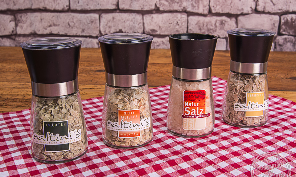 Saltinis Salzm&uuml;hle mit Werbedruck