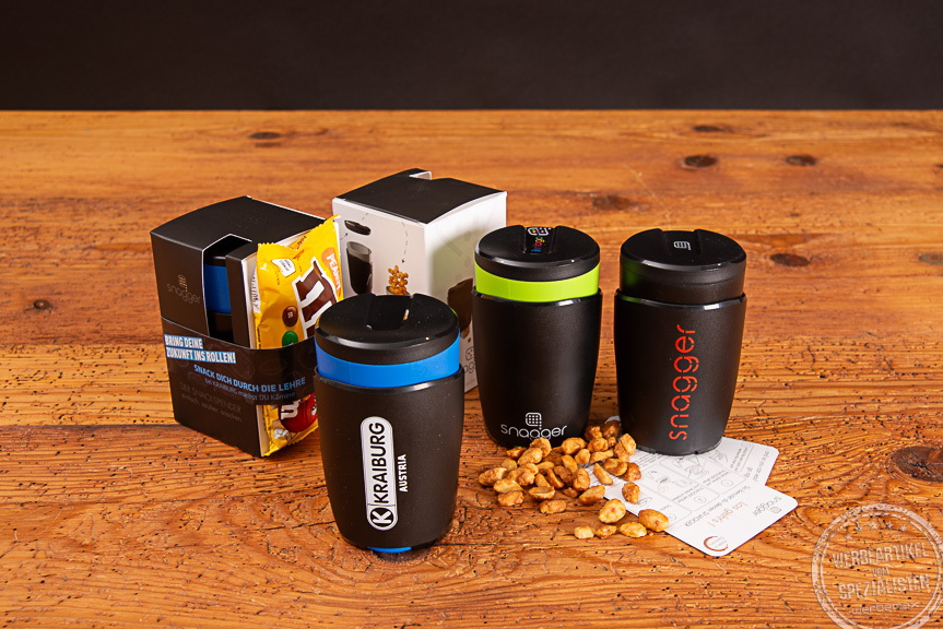 SNAGGER Snack Becher mit Logo als Werbeartikel in unterschiedlichen Ausf&uuml;hrungen