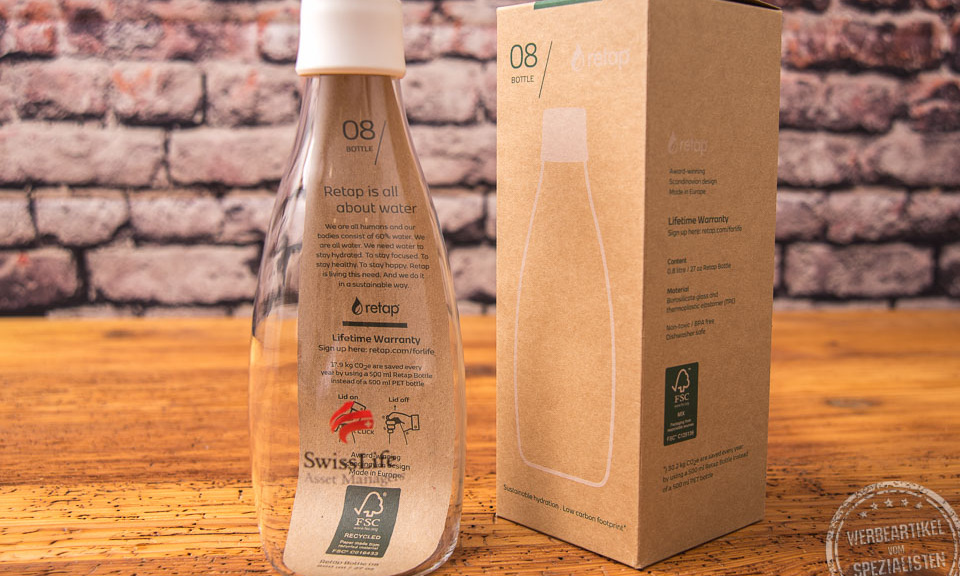 Retap Trinkflasche aus Borosilikatglas mit wei&szlig;em Deckel 