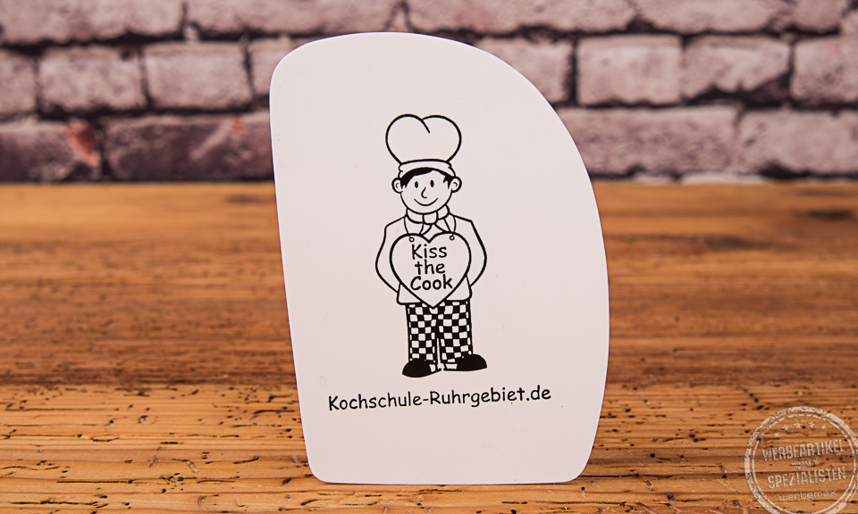 Teigschaber wei&szlig; mit Logodruck als Werbeartikel.
