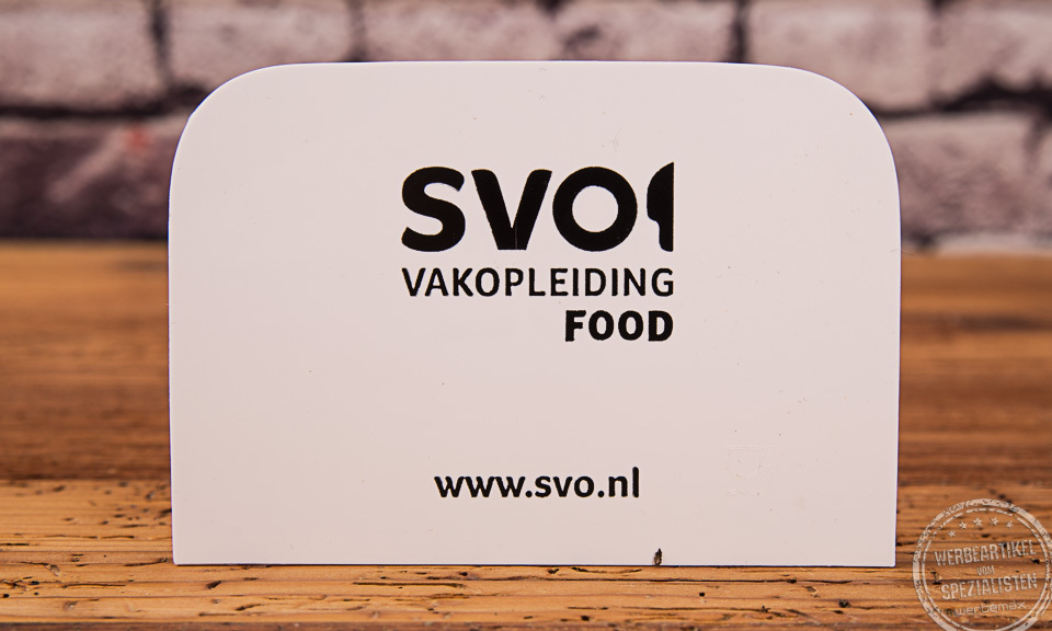 Teigspachtel wei&szlig; mit Logo als Werbeartikel.