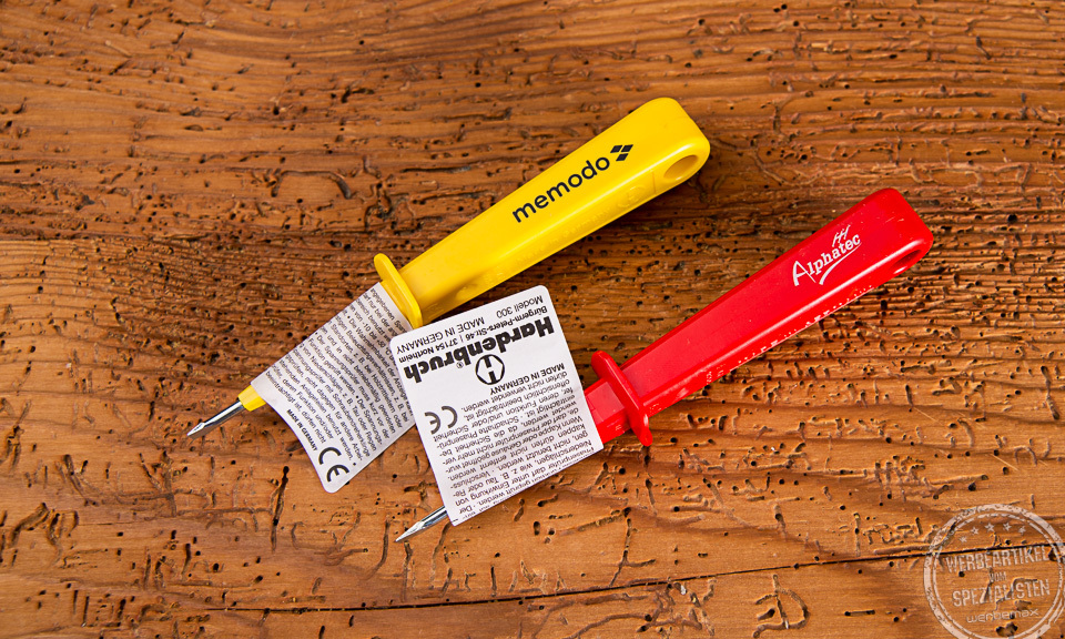 Werbeartikel f&uuml;r Handwerker Hardenbruch Phasenpr&uuml;fer in gelb und rot mit Logo