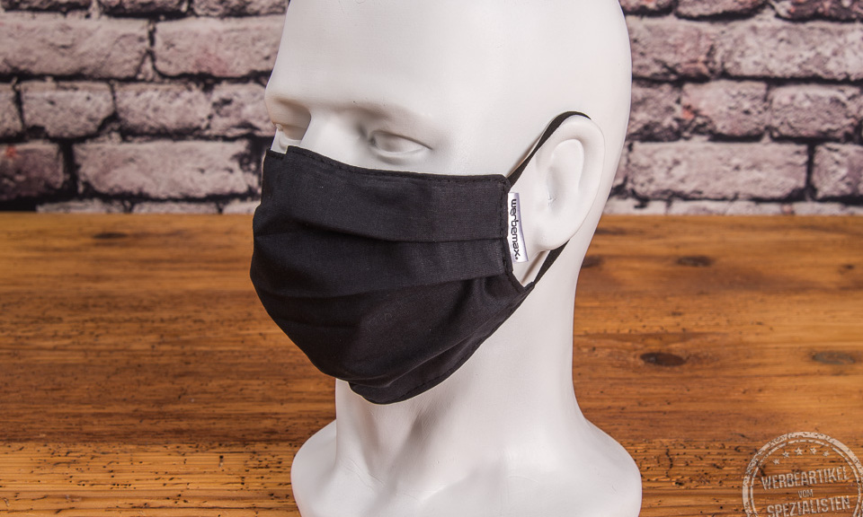 Schwarze Mund-Nasen-Maske aus Baumwolle mit Weblabel