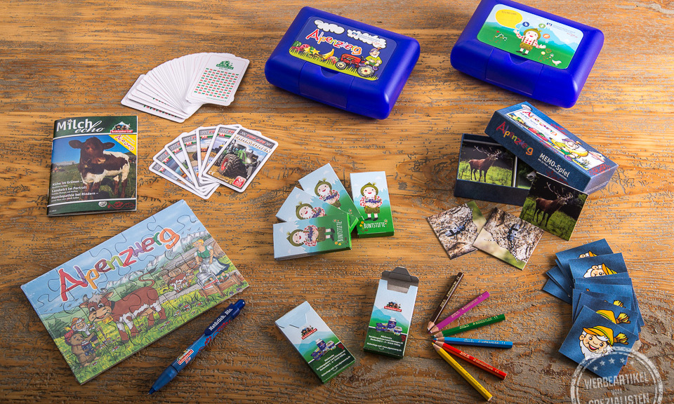 Verschiedene Werbeartikel f&uuml;r Milchwerke Berchtesgadener Land mit Logo bedruckt.