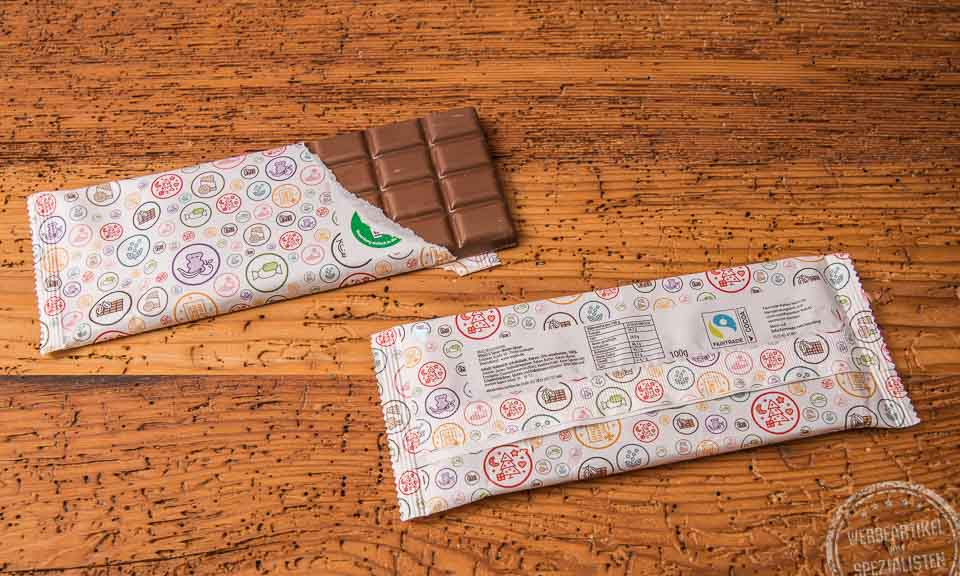 Schokoladentafel mit Logo auf Webeflowpack
