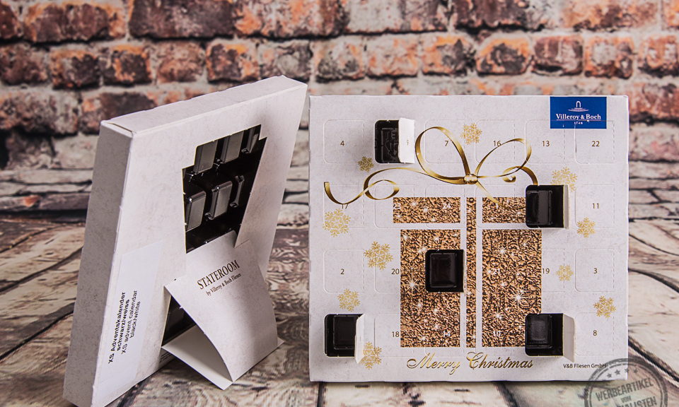 Adventskalender als Weihnachtsgeschenk für Mitarbeiter mit goldener Geschenkoptik und Villeroy & Boch Branding – mit Werbeanbringung, ideal als hochwertiger Werbeartikel zur Weihnachtszeit.