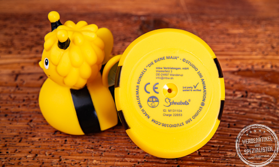 Quietscheenten Biene Maja sitzend normal und Biene Willi mit Bodenansicht.