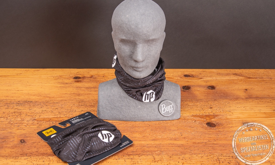 BUFF Multifunktionstuch mit Logo und Werbekartonage als Werbeartikel.