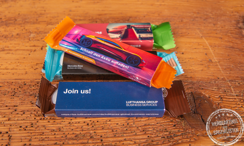 Werbeartikel zum Essen, Corny Haferkraft und Müsliriegel für Veranstaltungen, Messen und Events im Digitaldruck veredeln