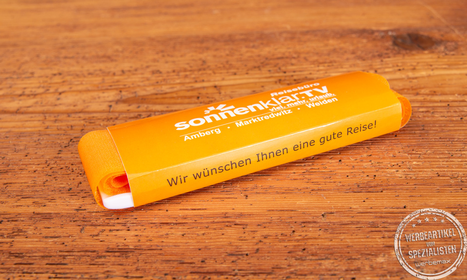 Koffergurt Speedstrap orange mit individuell bedruckter Werbebanderole.