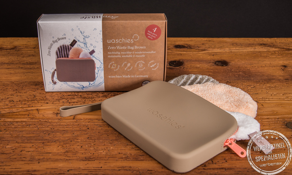 Washbag waschies mit Travelbag und Kartonage als Werbeartikel.