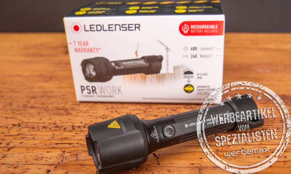 Funktionsstarke Taschenlampe von LEDLenser P5R WORK als hochwertiger Werbeartikel mit Gravur erhältlich. Im schönen Karton mit viel Zubehör für Kunden und Mitarbeiter