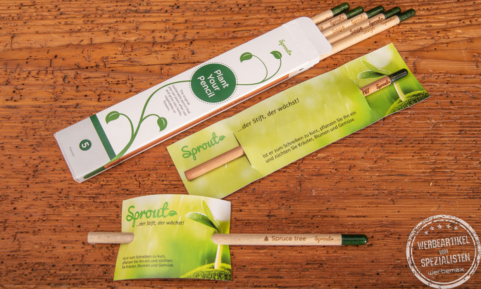 SPROUT Samenbleistifte mit verschiedenen Verpackungen als Werbegeschenk.