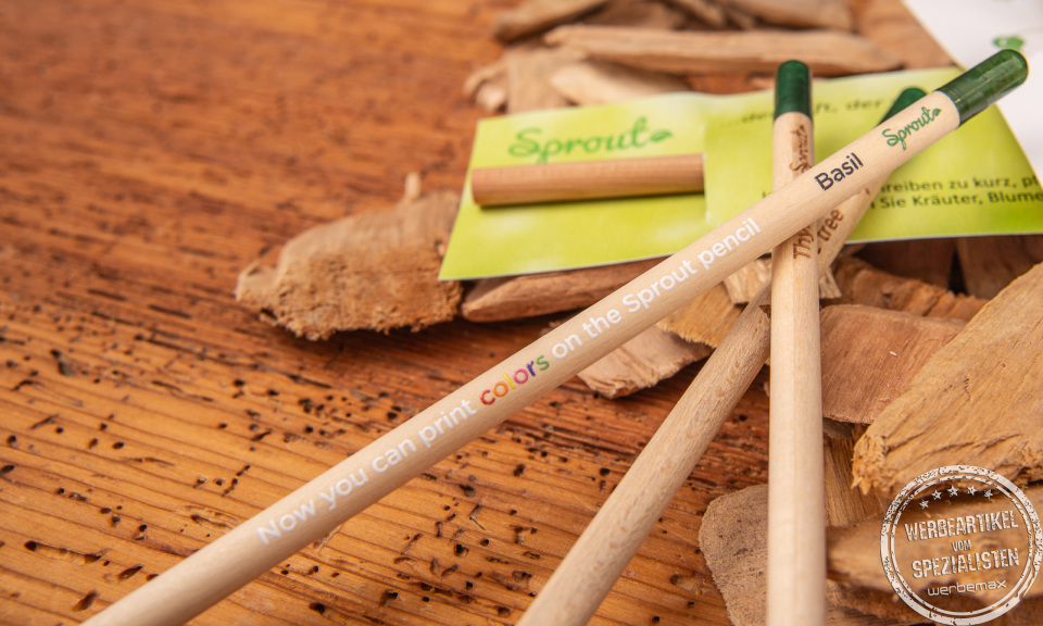 SPROUT Samenbleistift mit buntem Werbedruck als Giveaway.