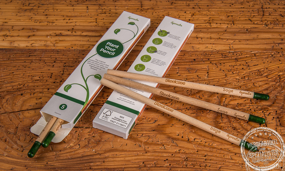 Sprout nachhaltiger Samenbleistift mit Logo als Werbeartikel.