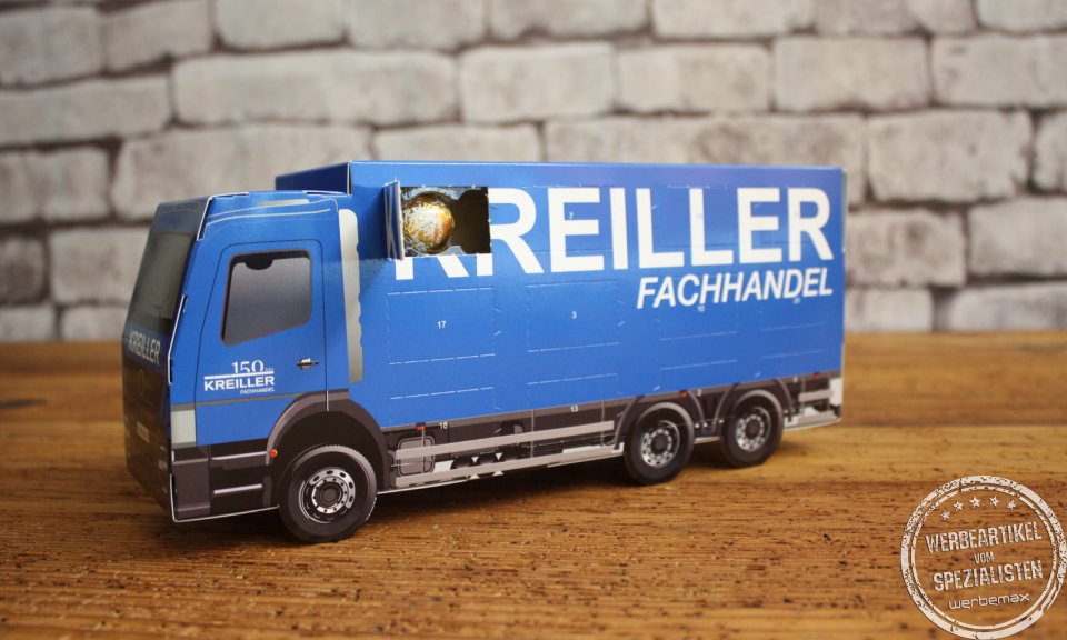 3D LKW Adventskalender mit Logo-Aufdruck als Werbegeschenk.