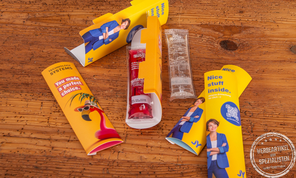 Mailingartikel für den Sommer, das Bussy Wassereis zum Selbereinfrieren im individuell gestalbaren Promopack