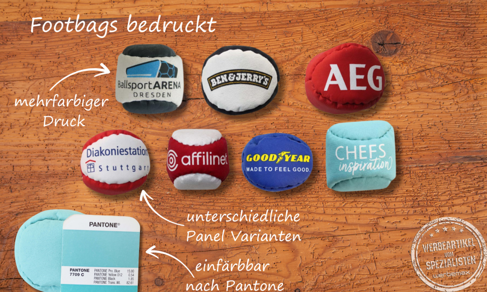 Footbags bedruckt als Werbeartikel f&uuml;r Messen.