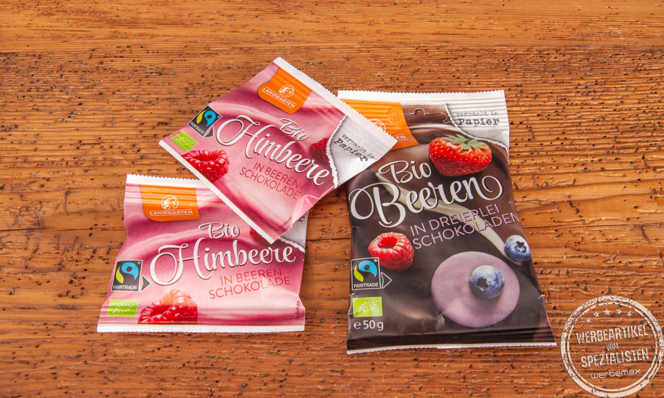 Landgarten Bio-Snacks Schoko-Beeren als Mailingartikel.