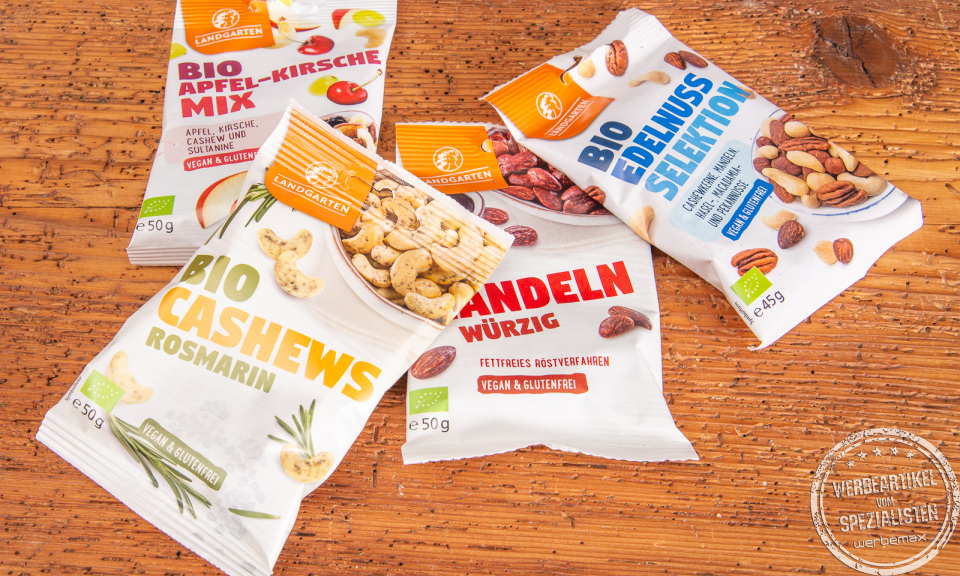Landgarten Bio-Snacks Nussmischungen als Werbeartikel.
