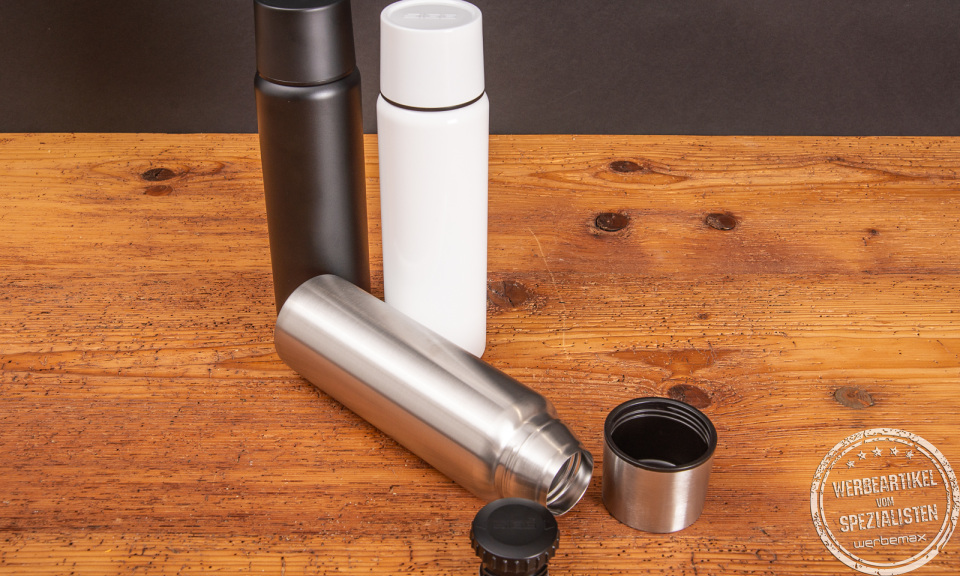 Sigg Thermosflasche in weiß, schwarz und silber als Werbeartikel. 