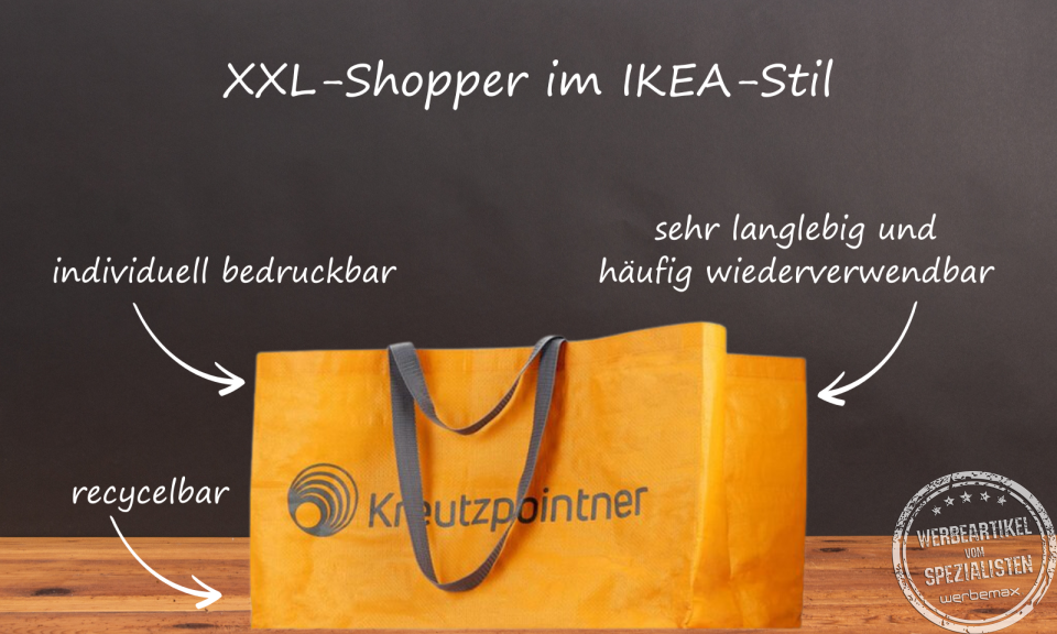 Nachhaltige, robuste Einkaufstasche im IKEA-Stil mit Werbedruck.