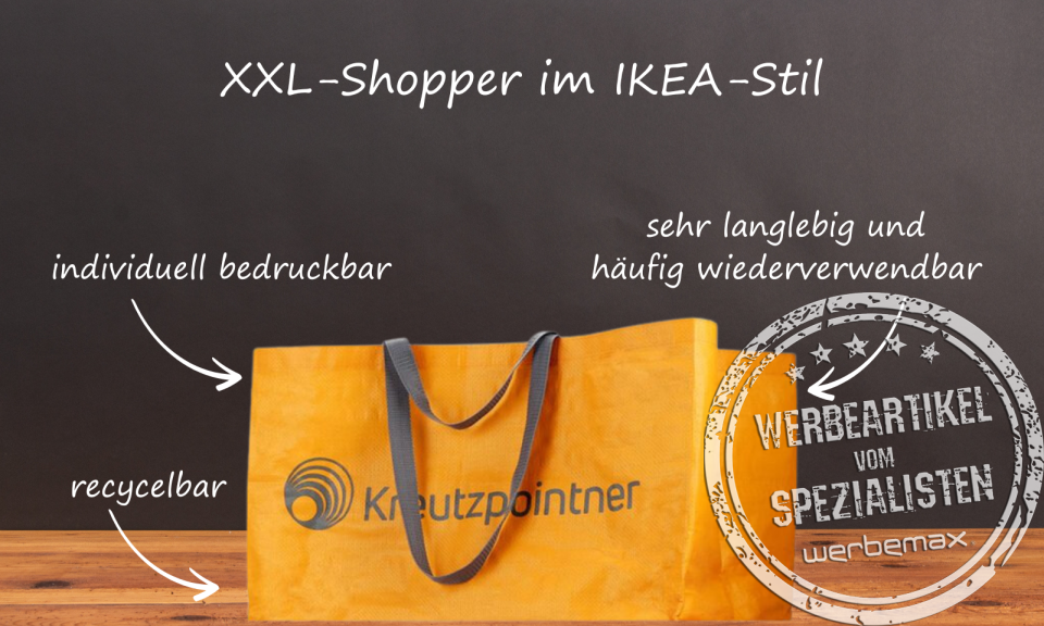 Nachhaltige, robuste Einkaufstasche im IKEA-Stil mit Werbedruck.