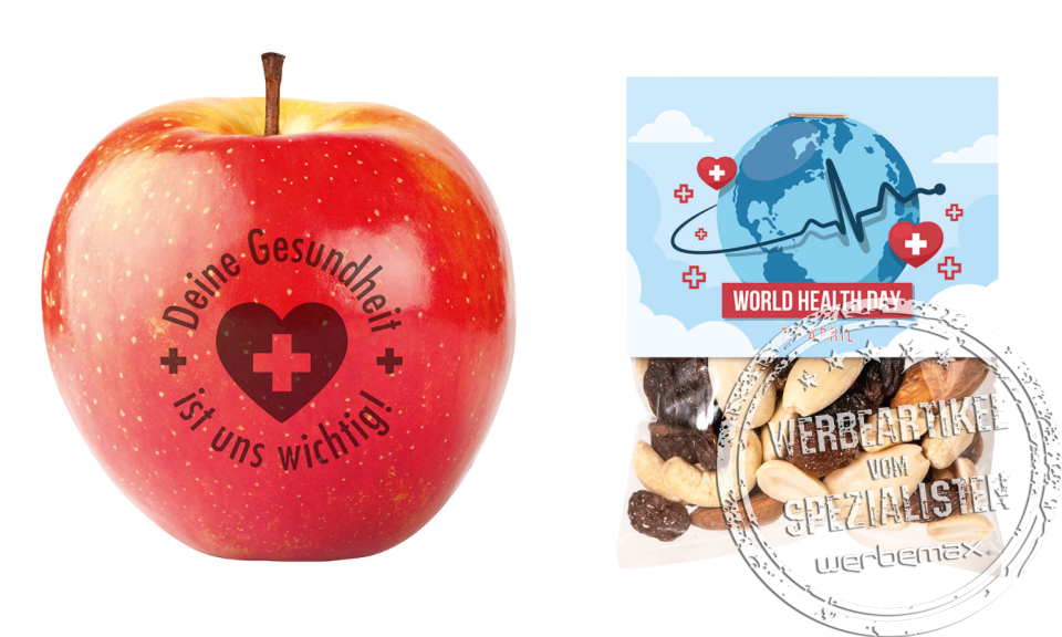Apfel mit Logo und Nüsse mit Werbebanderole zum Weltgesundheitstag als Werbeartikel.