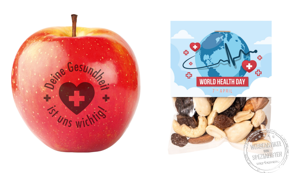 Apfel mit Logo und N&uuml;sse mit Werbebanderole zum Weltgesundheitstag als Werbeartikel.
