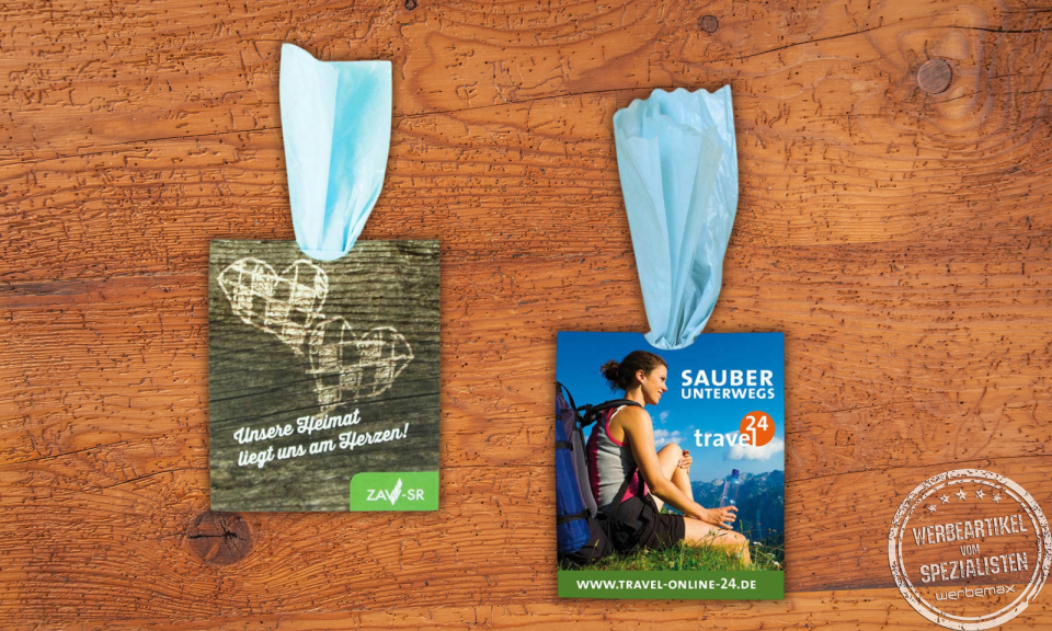 Zwei bedruckte Verpackungen Gassibeutel Maxi als Werbeartikel.