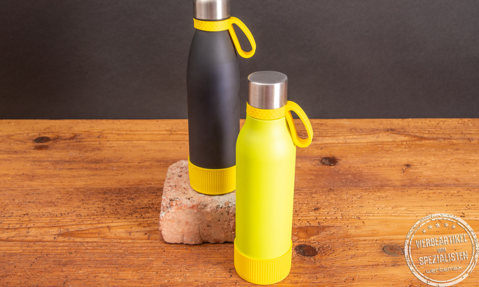 Zwei Edelstahl Trinkflaschen als Werbeartikel.