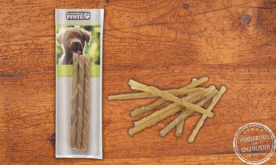 Kauknochen in der Werbeverpackung als Werbeartikel.