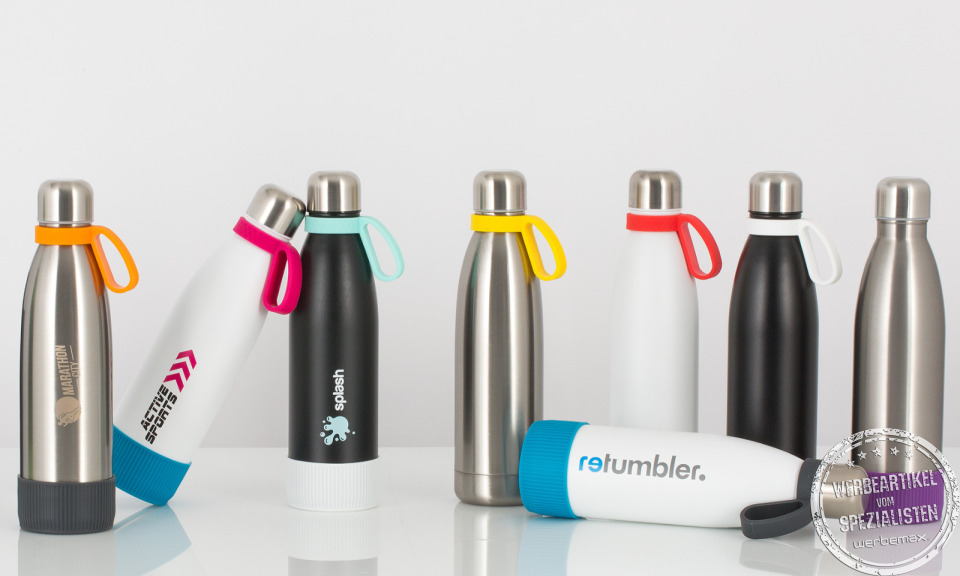 Thermotrinkflaschen mit bunten Schlaufen und Logodruck als Werbeartikel.