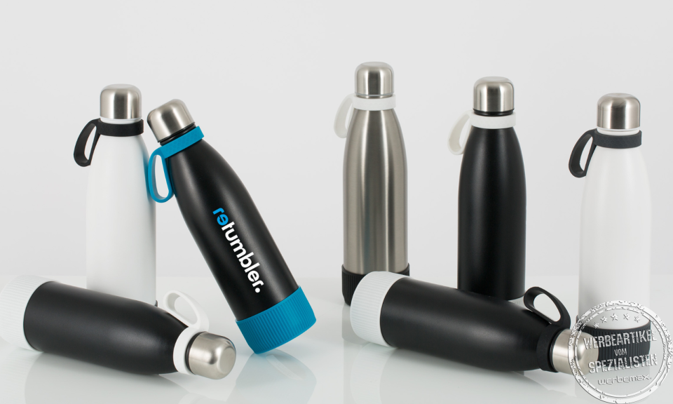 Retumbler MyNizza Thermotrinkflaschen mit Logodruck als Werbeartikel.