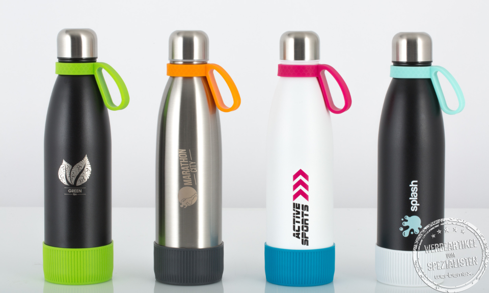 Bunte retumbler Trinkflaschen mit Logo als Werbeartikel.