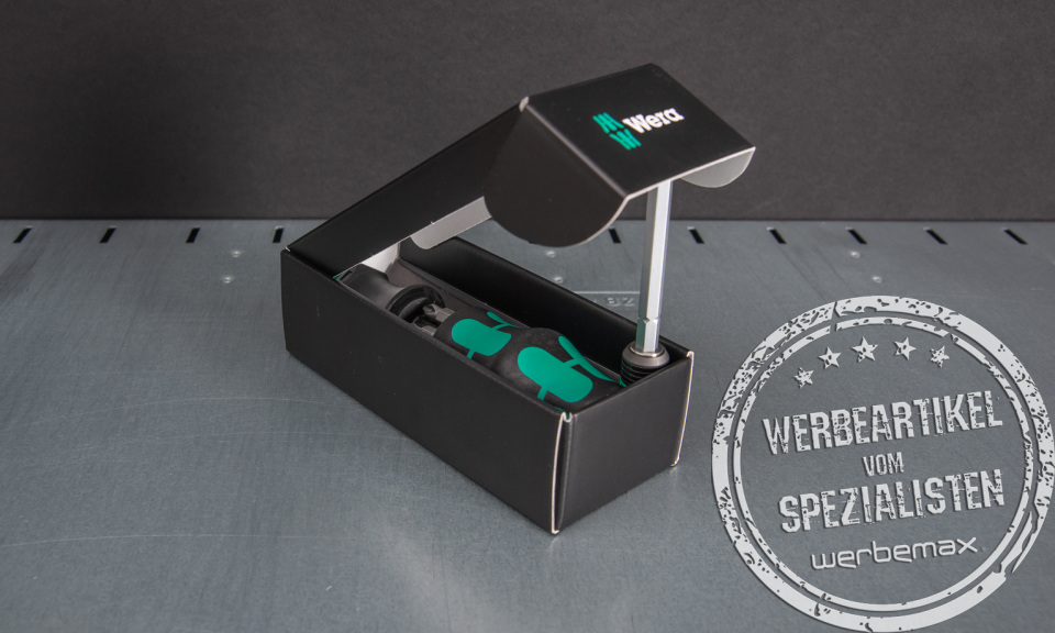 Hochwertiges Mitarbeitergeschenk von Wera mit Ihrem Logo. Schraubendreher-Multifunktionsset mit auswechselbaren Bits im Griff in einer schönen Geschenkverpackung.