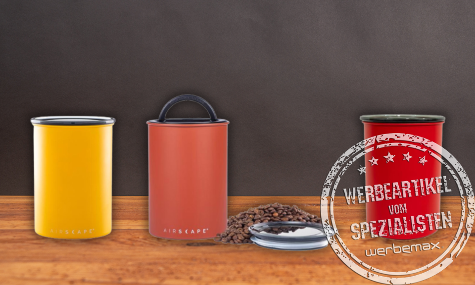 Airscape Kaffeedosen in verschiedenen Farben mit Kaffeebohnen als Kunden- und Mitarbeitergeschenk.
