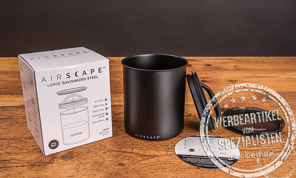 Airscape Kaffeedose schwarz mit Verpackung als Werbegeschenk für Kunden und Mitarbeiter.