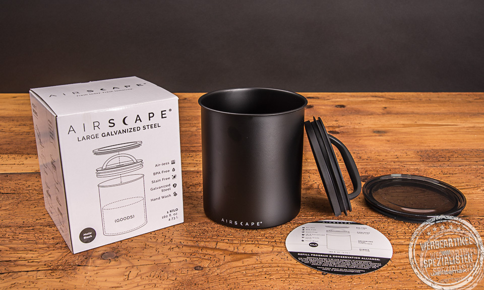 Airscape Kaffeedose schwarz mit Verpackung als Incentive f&uuml;r Kunden und Mitarbeiter.