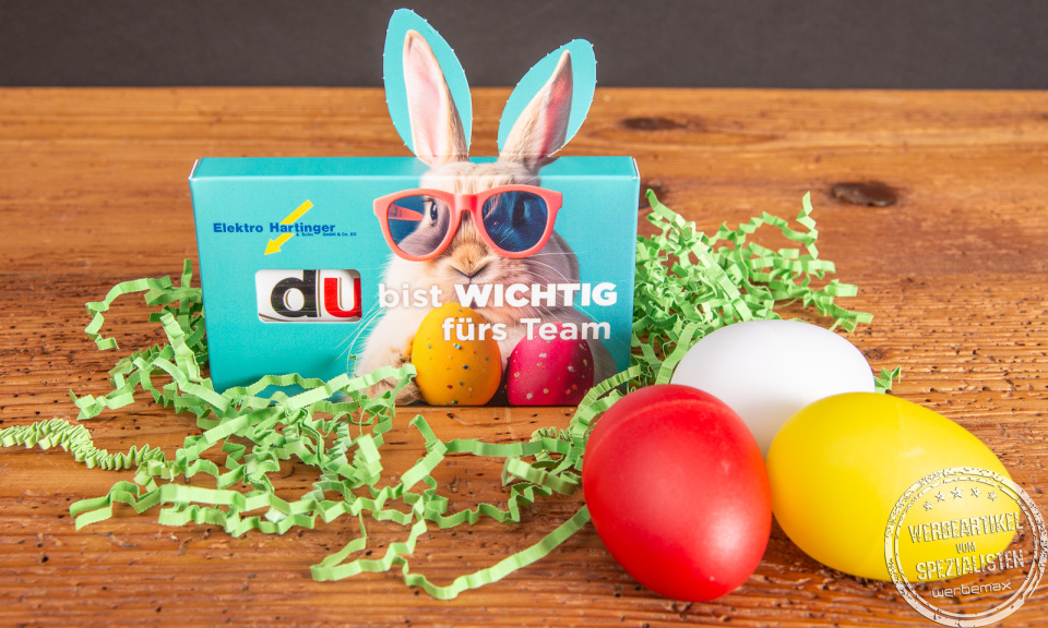 Duplo Schokoriegel in individueller Verpackung als Oster-Werbegeschenk.