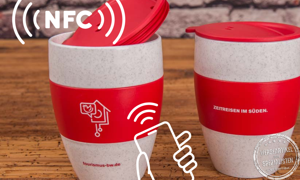 Koziol Kaffeebecher Aroma 2 go mit NFC Chip als Referenz Werbeartikel für Tourismus Baden-Württemberg.