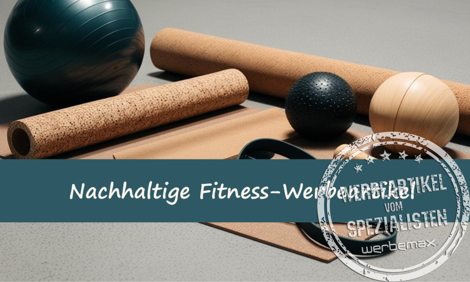 Nachhaltige Fitnesswerbeartikel, wie Yogamatte, Fascienball und Fascienrolle, auf grauem Untergrund liegend.