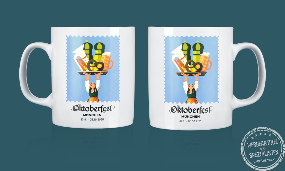 Oktoberfest Sammlertasse 2025 mit offiziellem Wiesn-Motiv &ndash; limitierte Kaffeetasse als Werbeartikel.