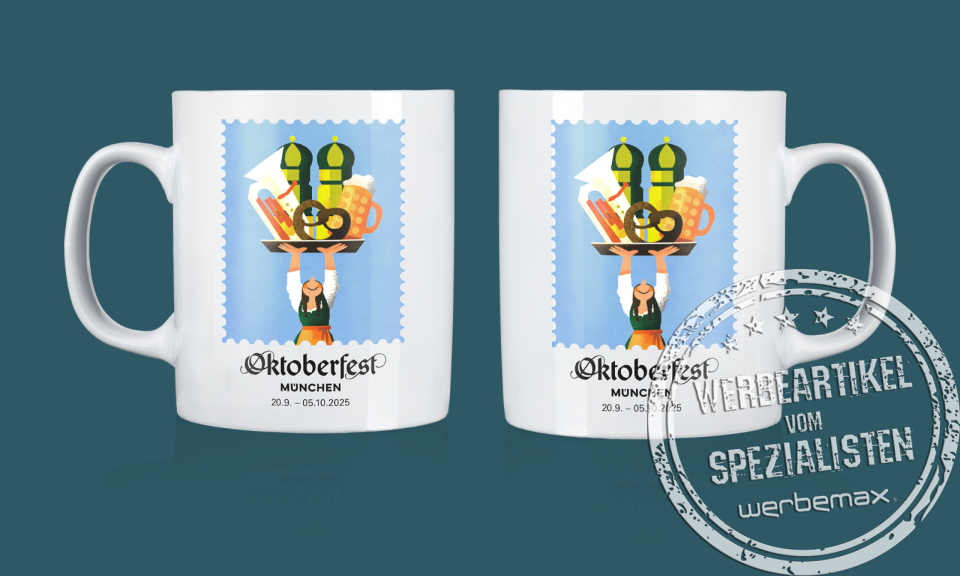 Oktoberfest Sammlertasse 2025 mit offiziellem Wiesn-Motiv – limitierte Kaffeetasse als Werbeartikel.