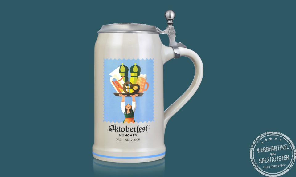 Limitierter Oktoberfest Ma&szlig;krug 2025 mit Zinndeckel und offizieller Wiesn Gravur &ndash; hochwertiger Sammlerkrug als Werbegeschenk.